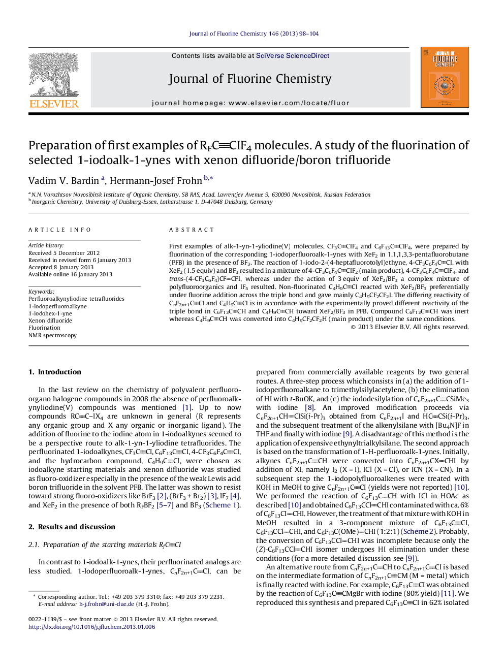 Preparation of first examples of RFCCIF4 molecules. A study of the fluorination of selected 1-iodoalk-1-ynes with xenon difluoride/boron trifluoride