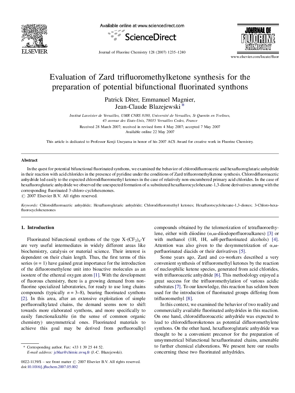 Evaluation of Zard trifluoromethylketone synthesis for the preparation of potential bifunctional fluorinated synthons