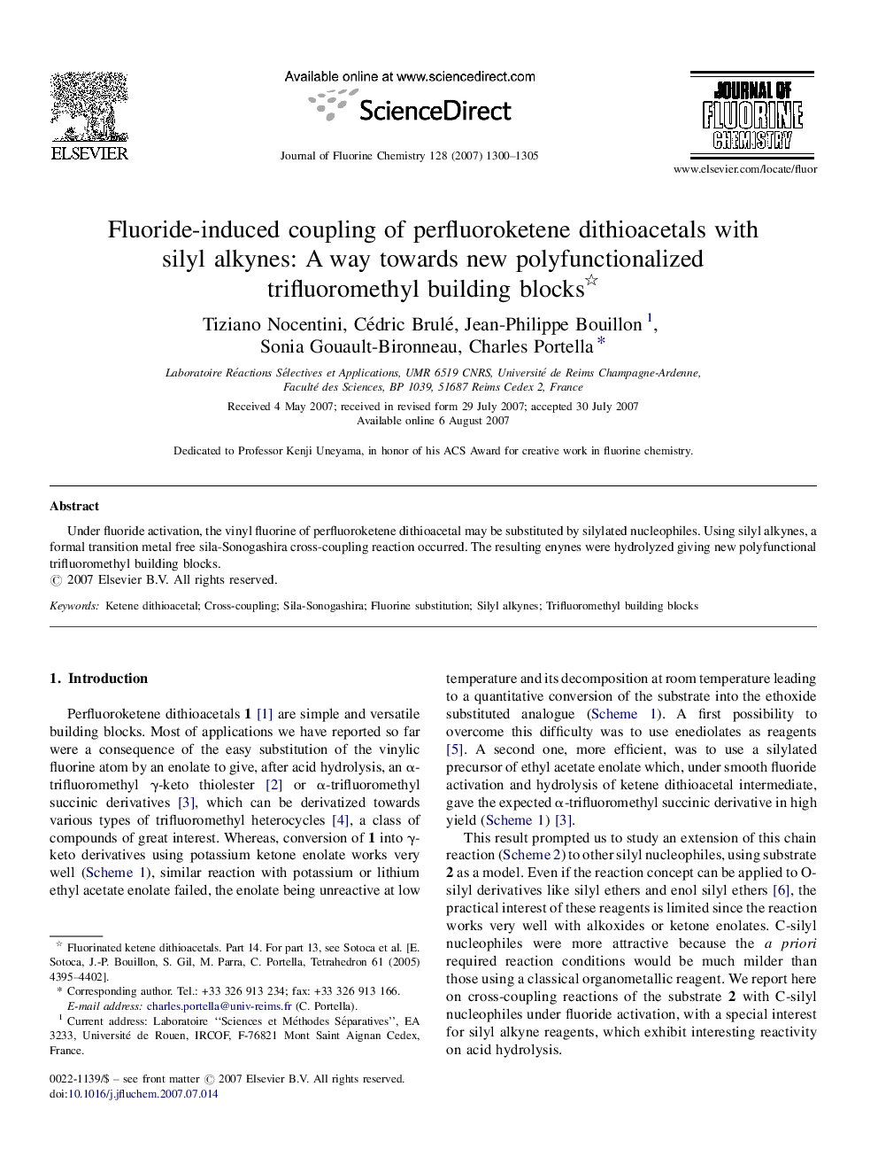 Fluoride-induced coupling of perfluoroketene dithioacetals with silyl alkynes: A way towards new polyfunctionalized trifluoromethyl building blocks 