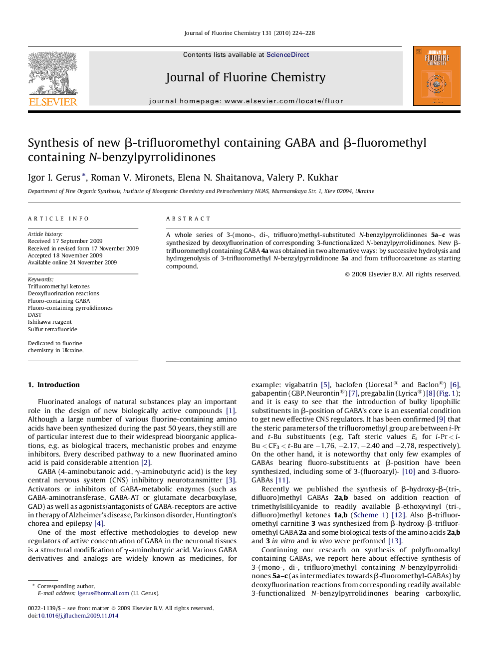 Synthesis of new β-trifluoromethyl containing GABA and β-fluoromethyl containing N-benzylpyrrolidinones