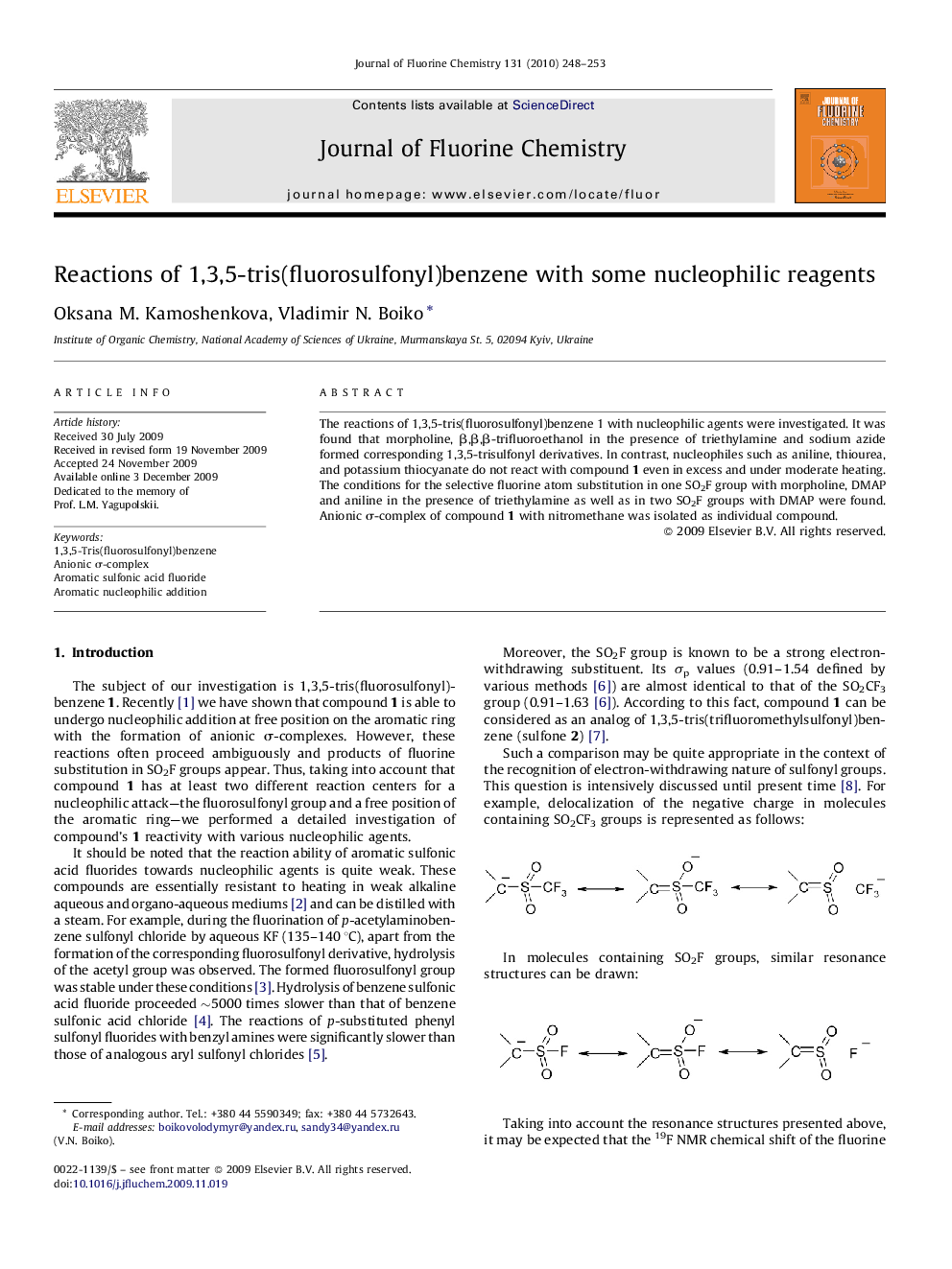 Reactions of 1,3,5-tris(fluorosulfonyl)benzene with some nucleophilic reagents