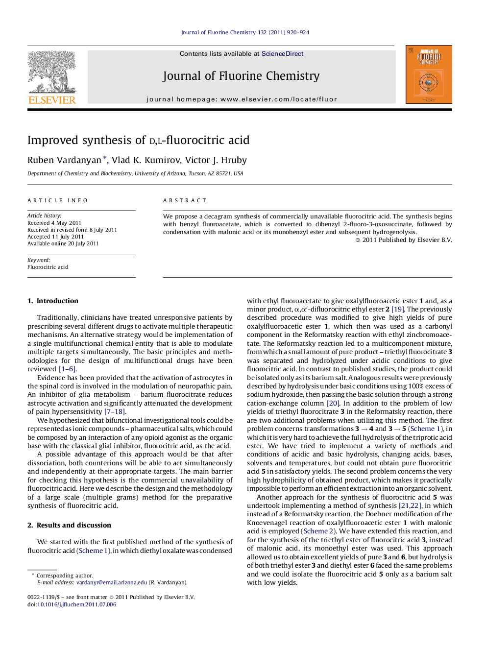 عکس صفحه اول مقاله: Improved synthesis of d,l-fluorocitric acid Improved synthesis of d,l-fluorocitric acid