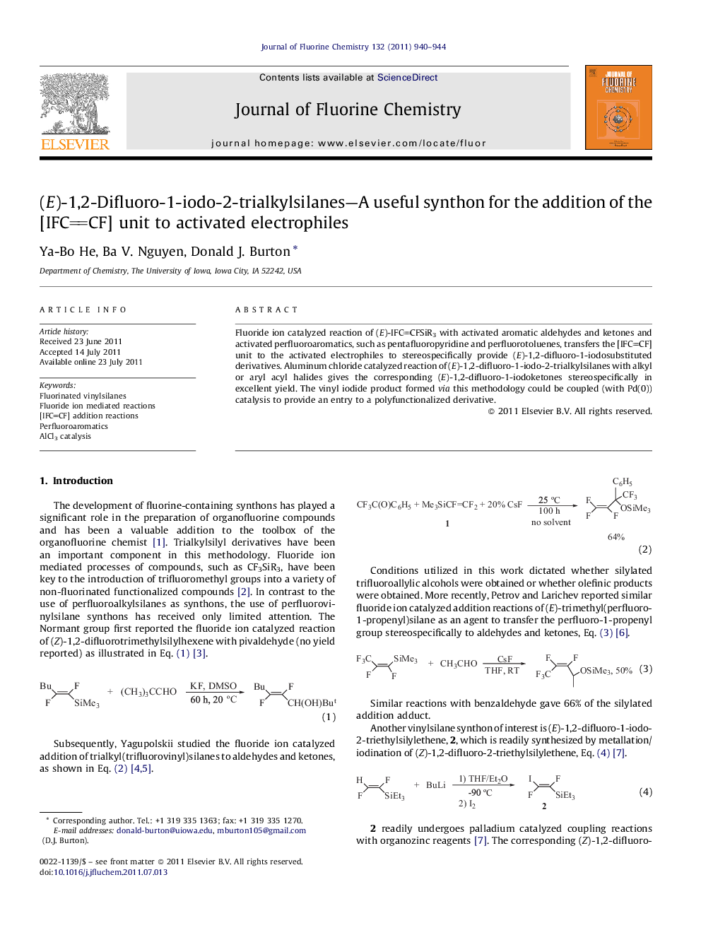 (E)-1,2-Difluoro-1-iodo-2-trialkylsilanes—A useful synthon for the addition of the [IFCCF] unit to activated electrophiles