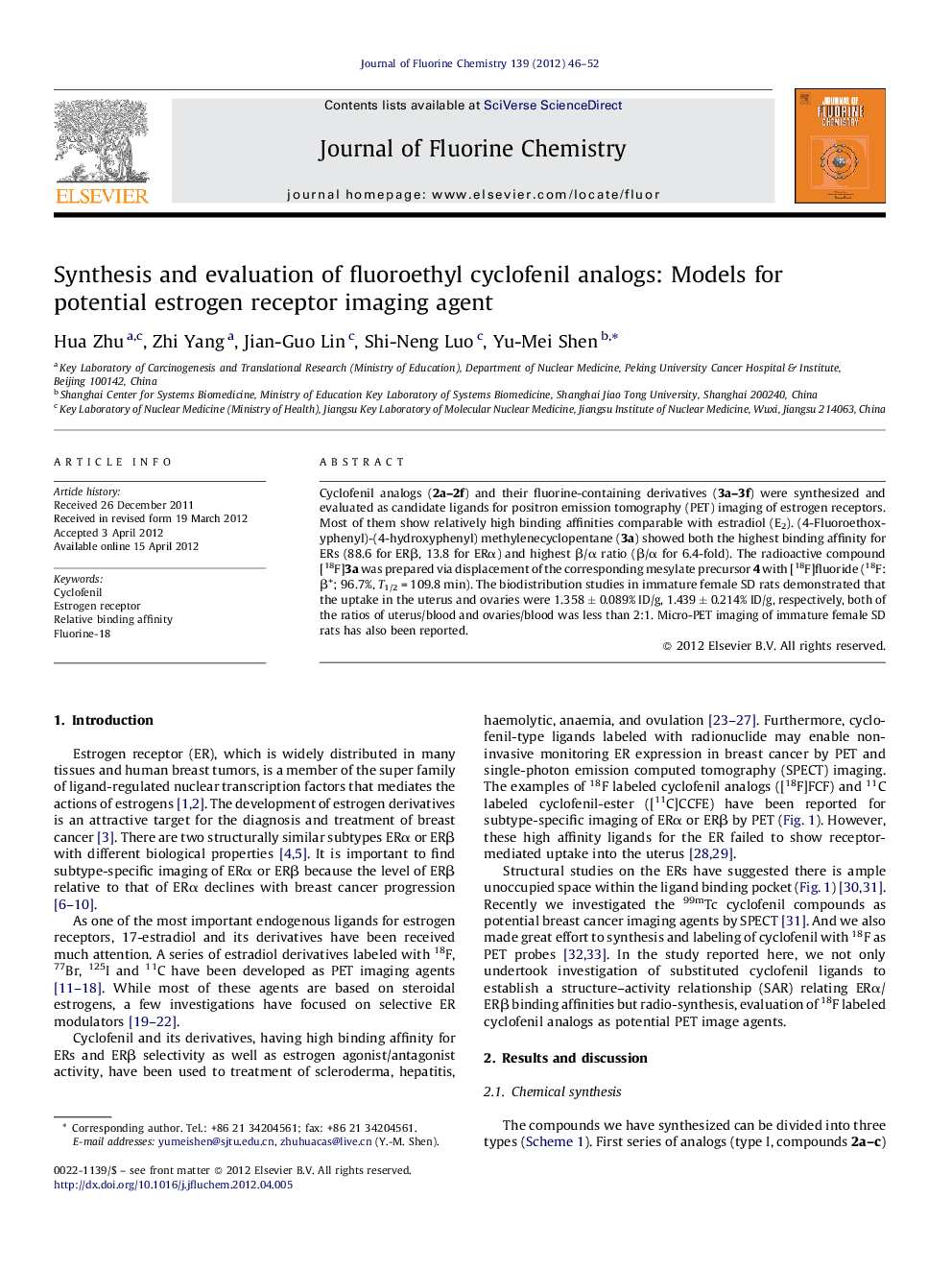 Synthesis and evaluation of fluoroethyl cyclofenil analogs: Models for potential estrogen receptor imaging agent