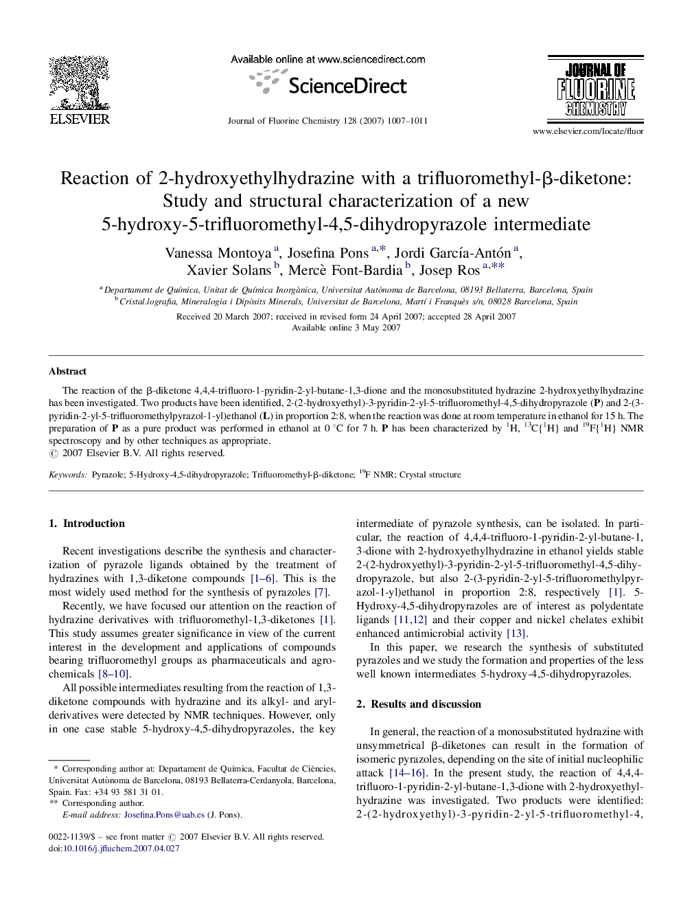 Reaction of 2-hydroxyethylhydrazine with a trifluoromethyl-Î²-diketone: Study and structural characterization of a new 5-hydroxy-5-trifluoromethyl-4,5-dihydropyrazole intermediate