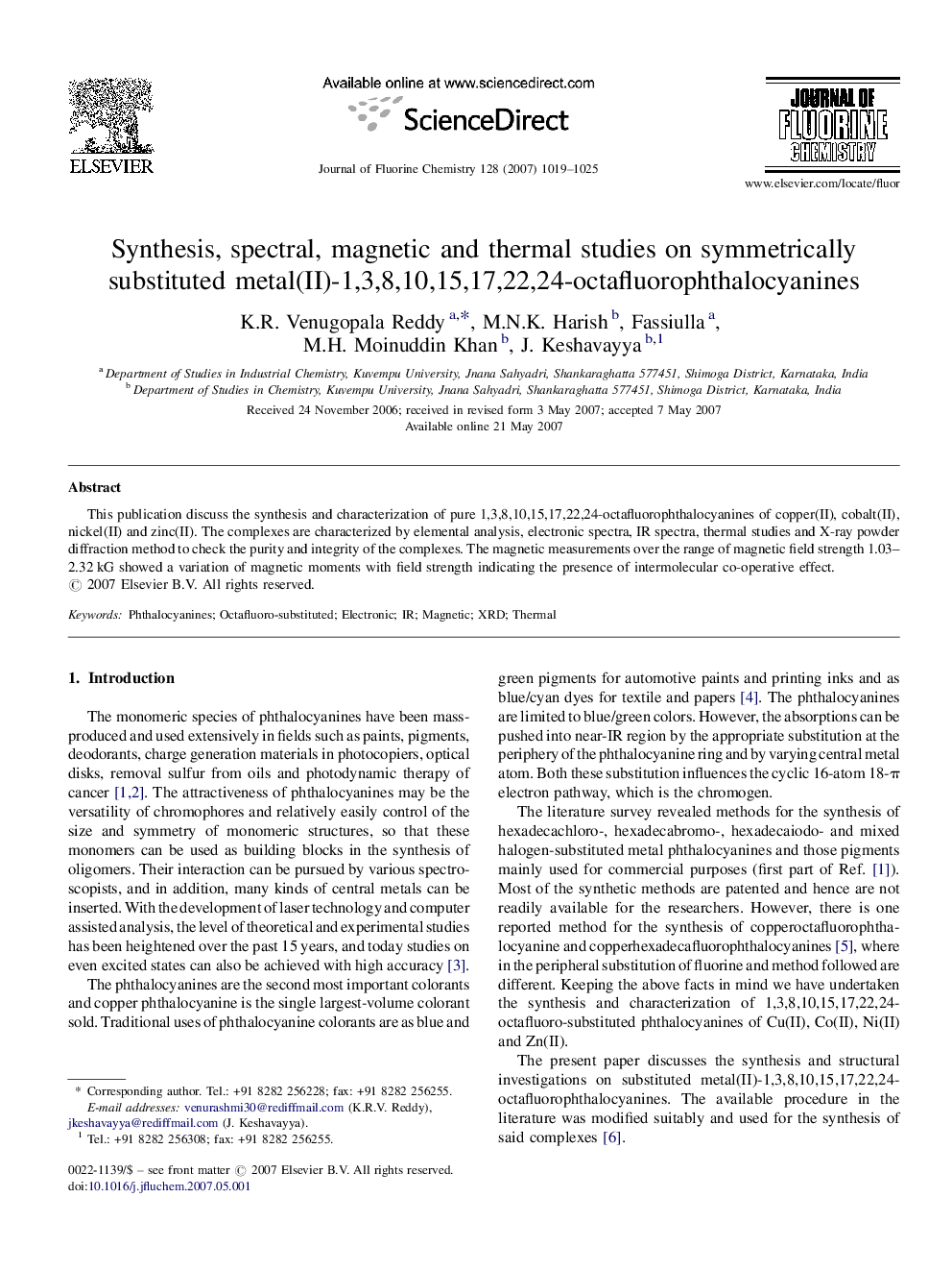 Synthesis, spectral, magnetic and thermal studies on symmetrically substituted metal(II)-1,3,8,10,15,17,22,24-octafluorophthalocyanines