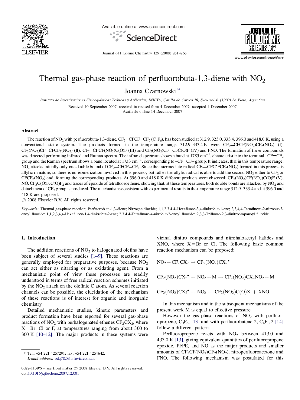 عکس صفحه اول مقاله: Thermal gas-phase reaction of perfluorobuta-1,3-diene with NO2 Thermal gas-phase reaction of perfluorobuta-1,3-diene with NO2