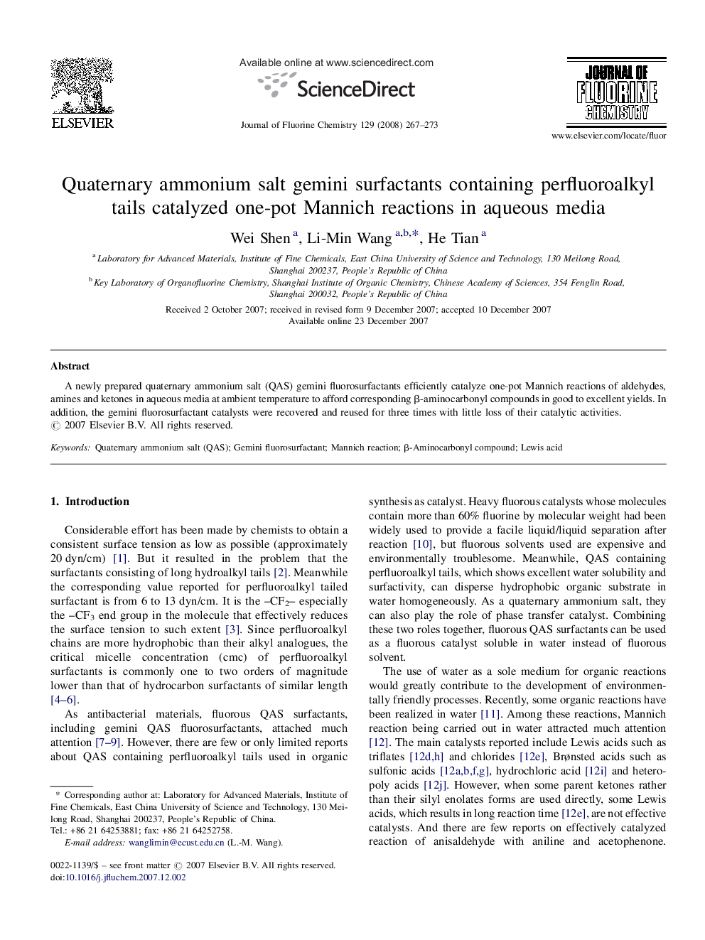 Quaternary ammonium salt gemini surfactants containing perfluoroalkyl tails catalyzed one-pot Mannich reactions in aqueous media