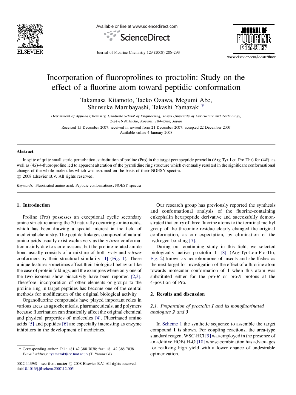 Incorporation of fluoroprolines to proctolin: Study on the effect of a fluorine atom toward peptidic conformation