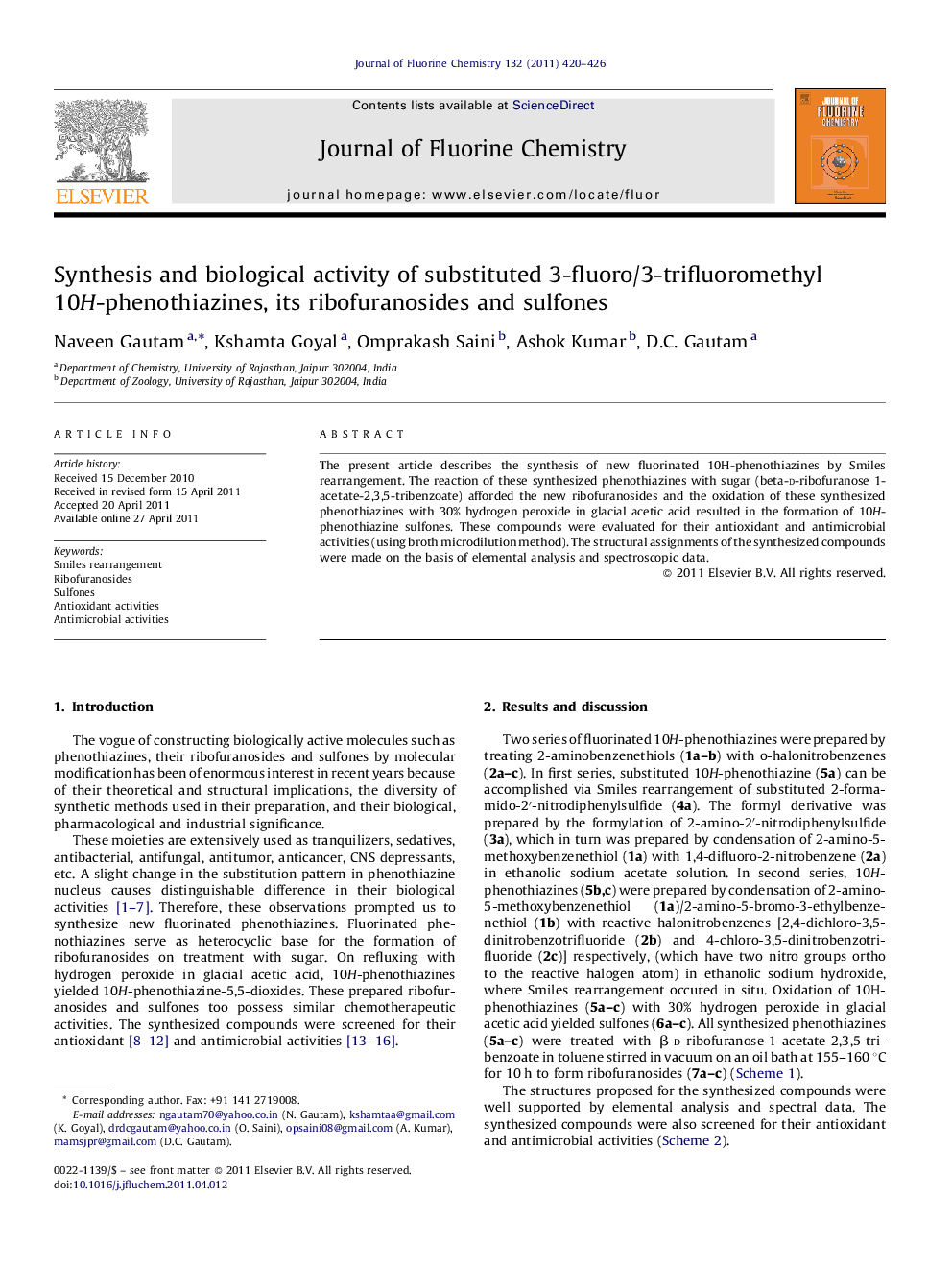 Synthesis and biological activity of substituted 3-fluoro/3-trifluoromethyl 10H-phenothiazines, its ribofuranosides and sulfones