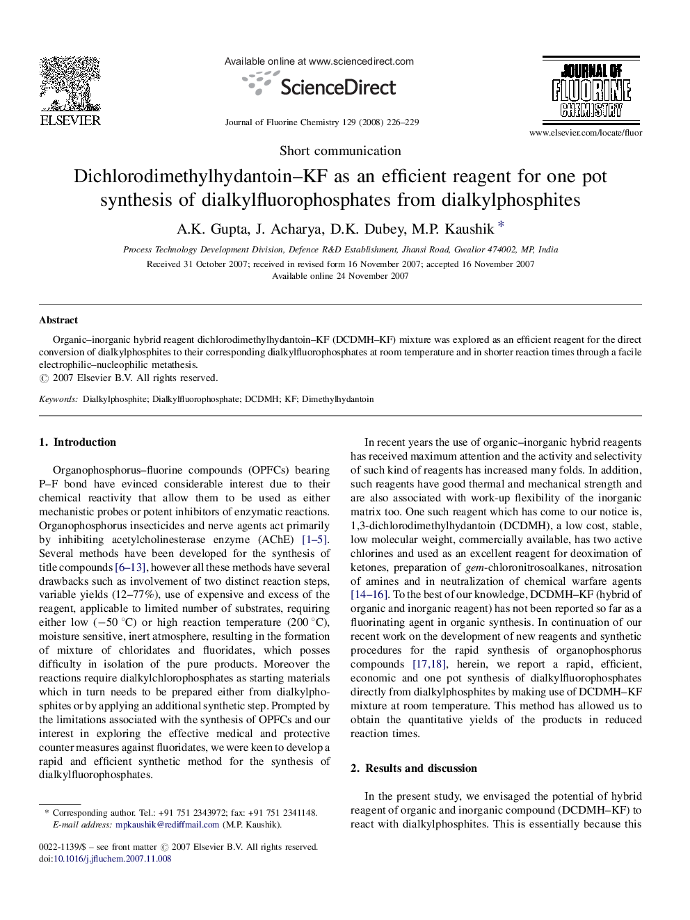 Dichlorodimethylhydantoin–KF as an efficient reagent for one pot synthesis of dialkylfluorophosphates from dialkylphosphites