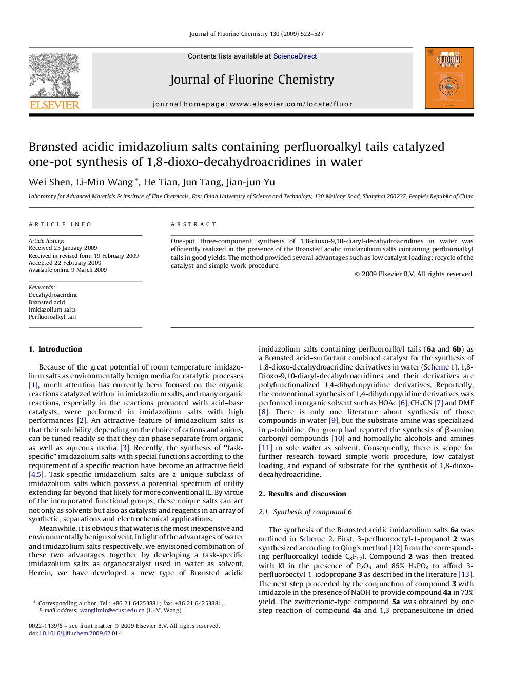 Brønsted acidic imidazolium salts containing perfluoroalkyl tails catalyzed one-pot synthesis of 1,8-dioxo-decahydroacridines in water