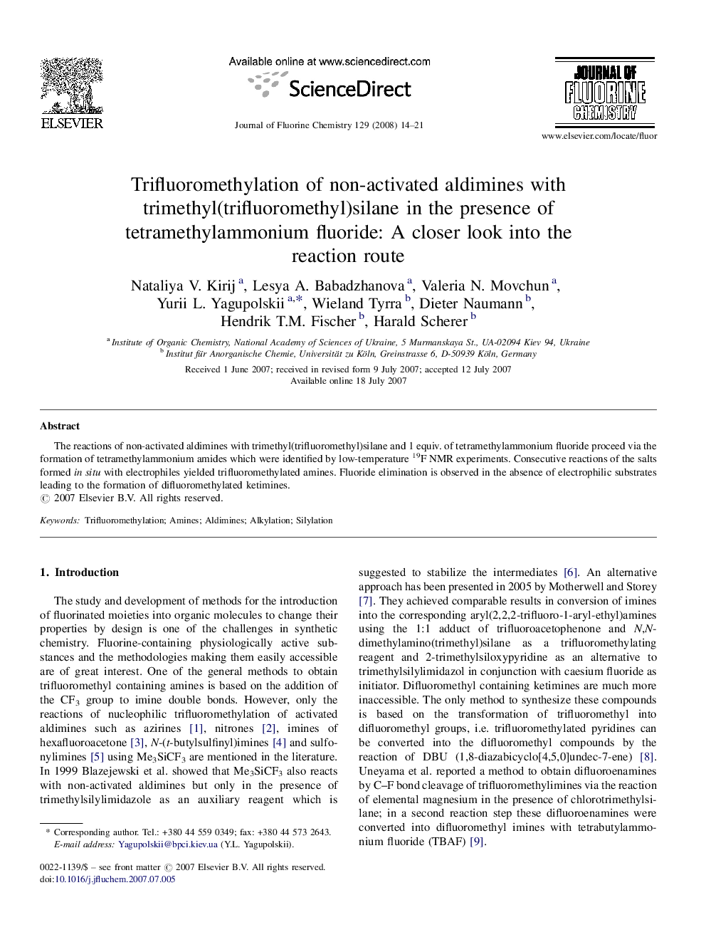 Trifluoromethylation of non-activated aldimines with trimethyl(trifluoromethyl)silane in the presence of tetramethylammonium fluoride: A closer look into the reaction route