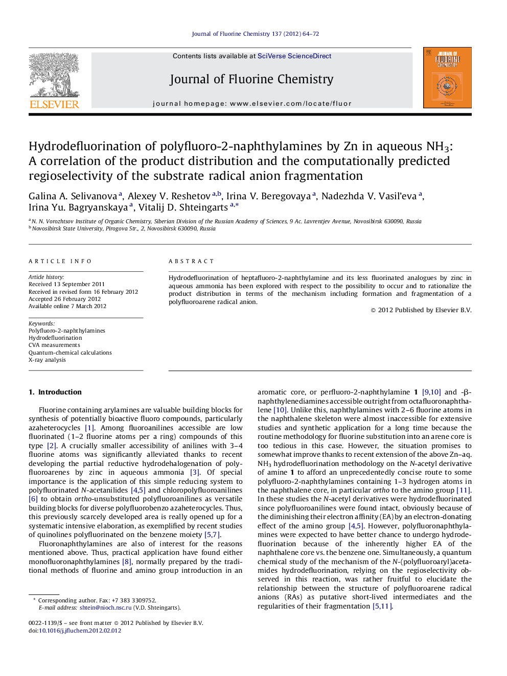 Hydrodefluorination of polyfluoro-2-naphthylamines by Zn in aqueous NH3: A correlation of the product distribution and the computationally predicted regioselectivity of the substrate radical anion fragmentation