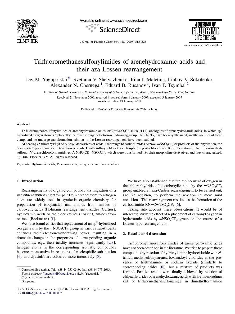 Trifluoromethanesulfonylimides of arenehydroxamic acids and their aza Lossen rearrangement