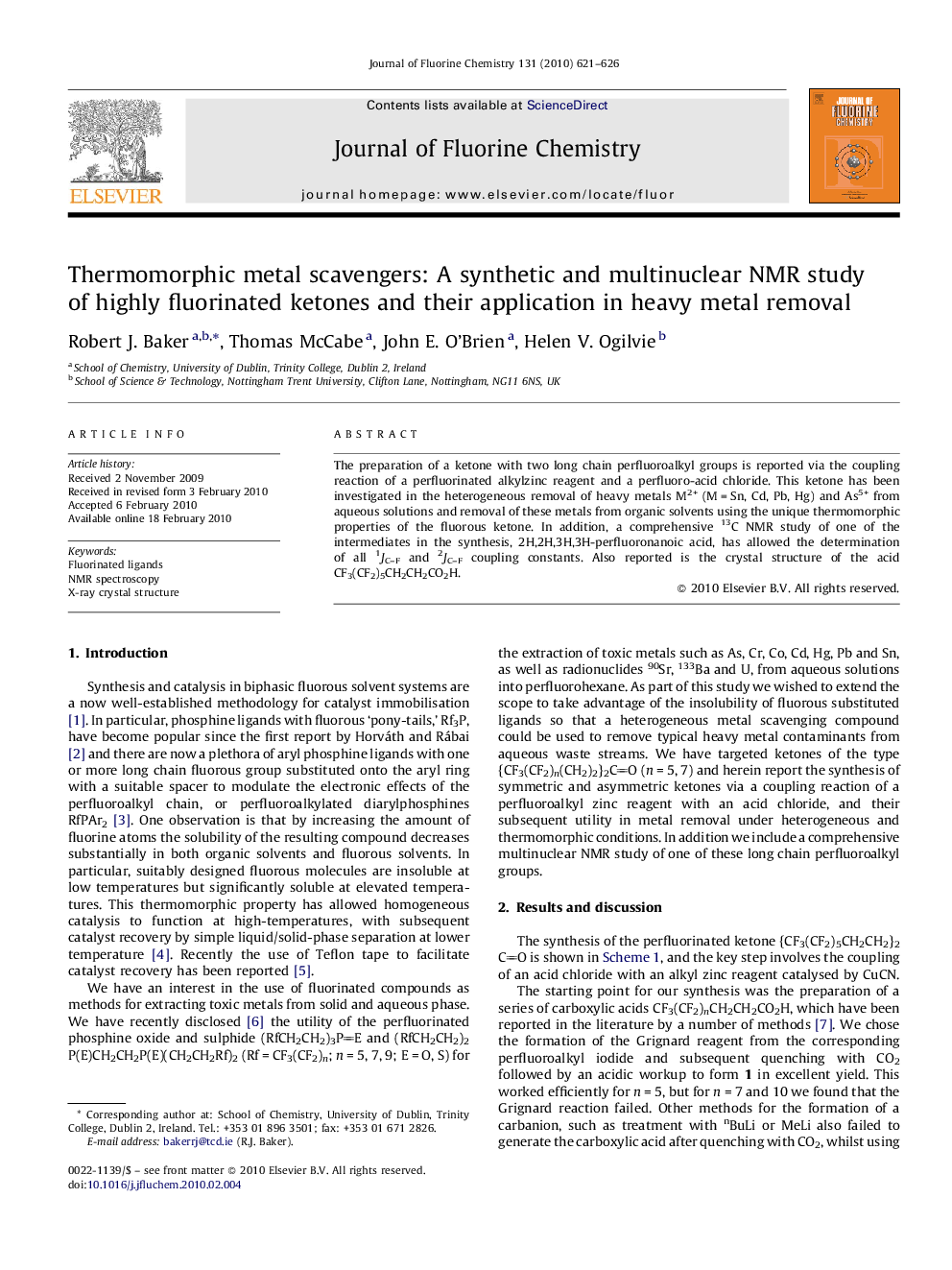 Thermomorphic metal scavengers: A synthetic and multinuclear NMR study of highly fluorinated ketones and their application in heavy metal removal