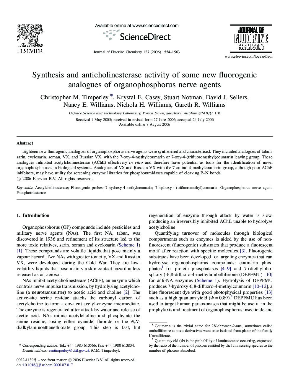 Synthesis and anticholinesterase activity of some new fluorogenic analogues of organophosphorus nerve agents