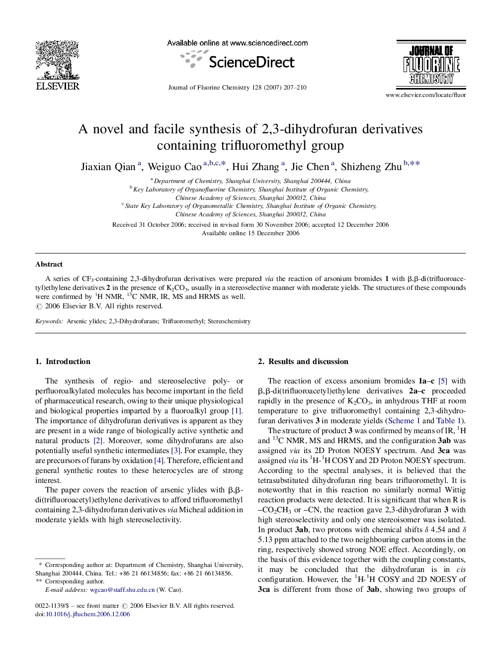 A novel and facile synthesis of 2,3-dihydrofuran derivatives containing trifluoromethyl group