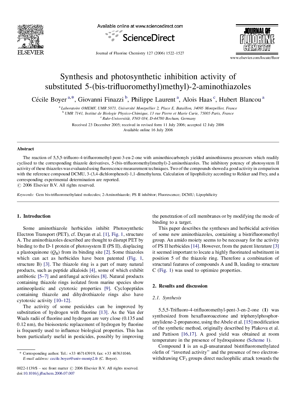 Synthesis and photosynthetic inhibition activity of substituted 5-(bis-trifluoromethyl)methyl)-2-aminothiazoles