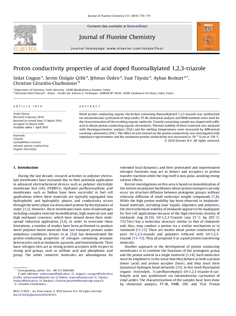 Proton conductivity properties of acid doped fluoroalkylated 1,2,3-triazole