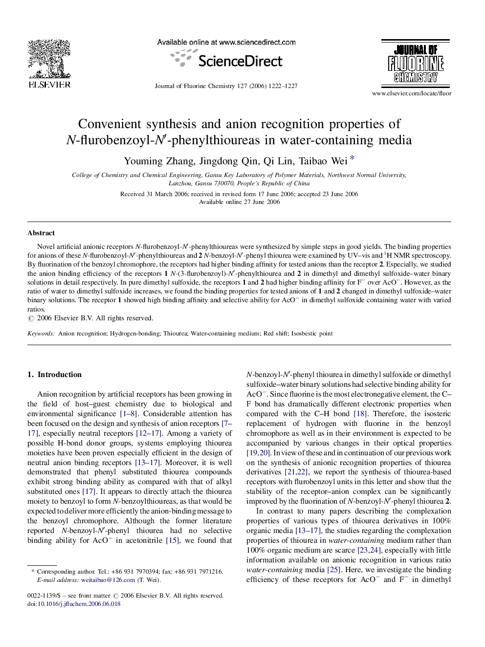 Convenient synthesis and anion recognition properties of N-flurobenzoyl-N′-phenylthioureas in water-containing media