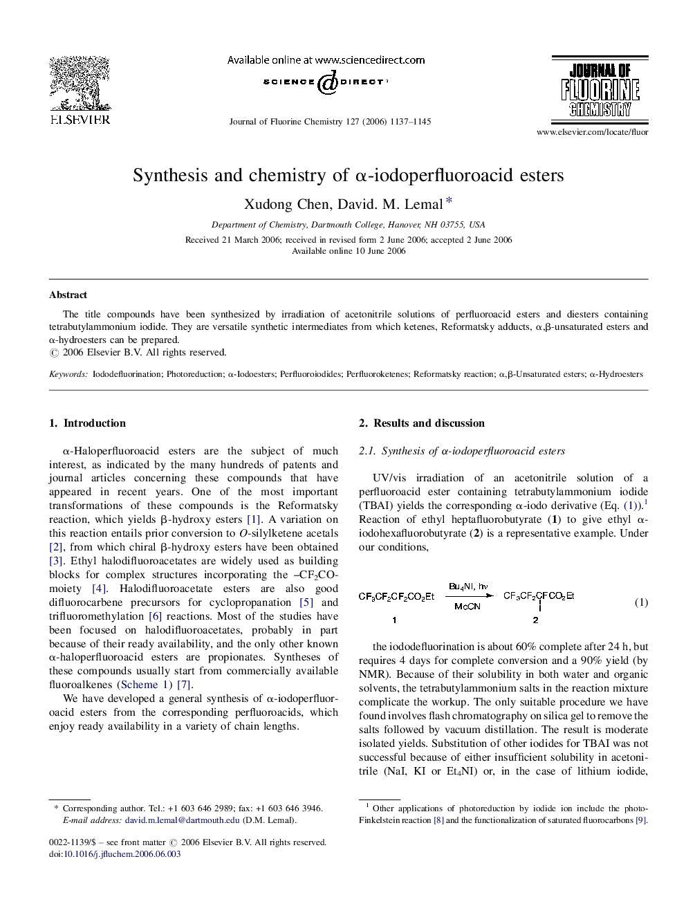 Synthesis and chemistry of α-iodoperfluoroacid esters