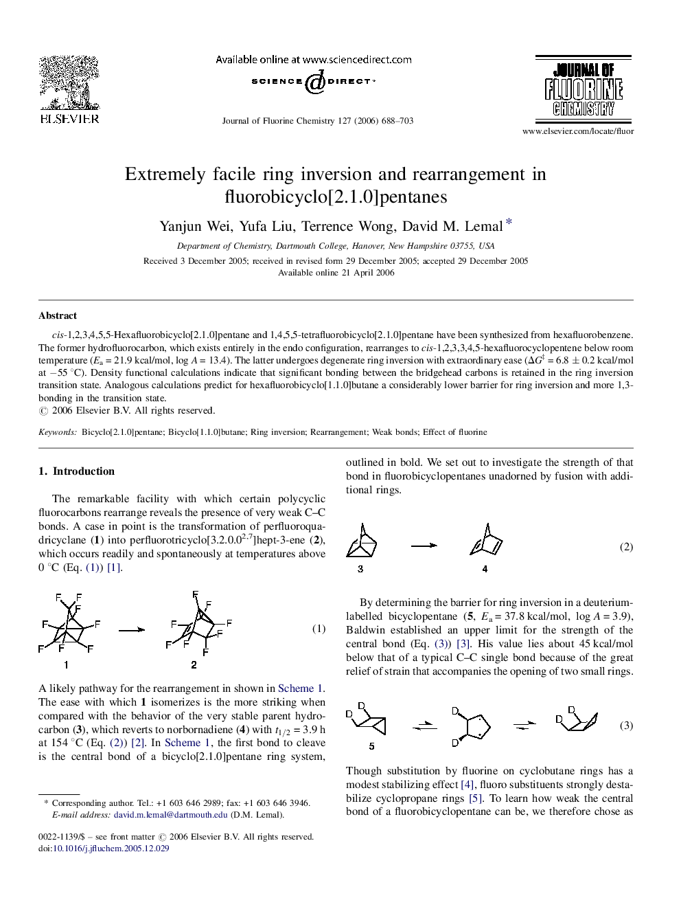 Extremely facile ring inversion and rearrangement in fluorobicyclo[2.1.0]pentanes