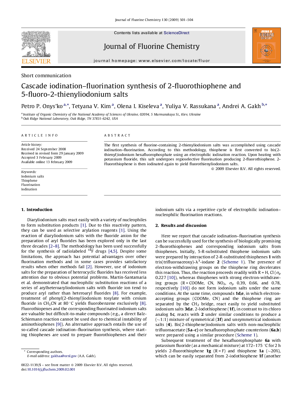 Cascade iodination–fluorination synthesis of 2-fluorothiophene and 5-fluoro-2-thienyliodonium salts