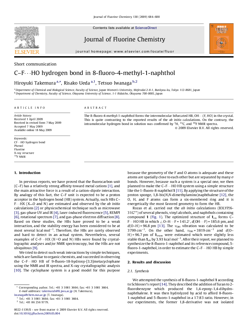 عکس صفحه اول مقاله: C–F⋯HO hydrogen bond in 8-fluoro-4-methyl-1-naphthol C–F⋯HO hydrogen bond in 8-fluoro-4-methyl-1-naphthol