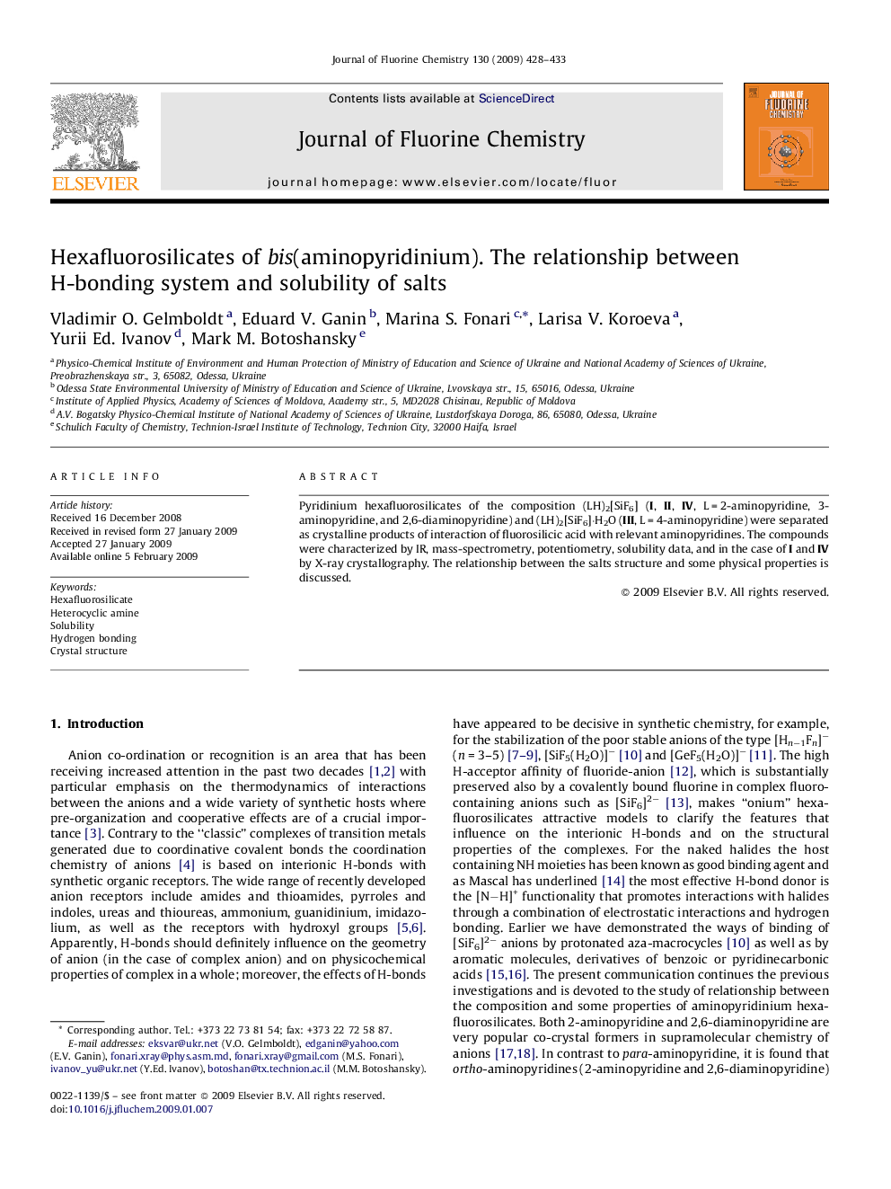 Hexafluorosilicates of bis(aminopyridinium). The relationship between H-bonding system and solubility of salts