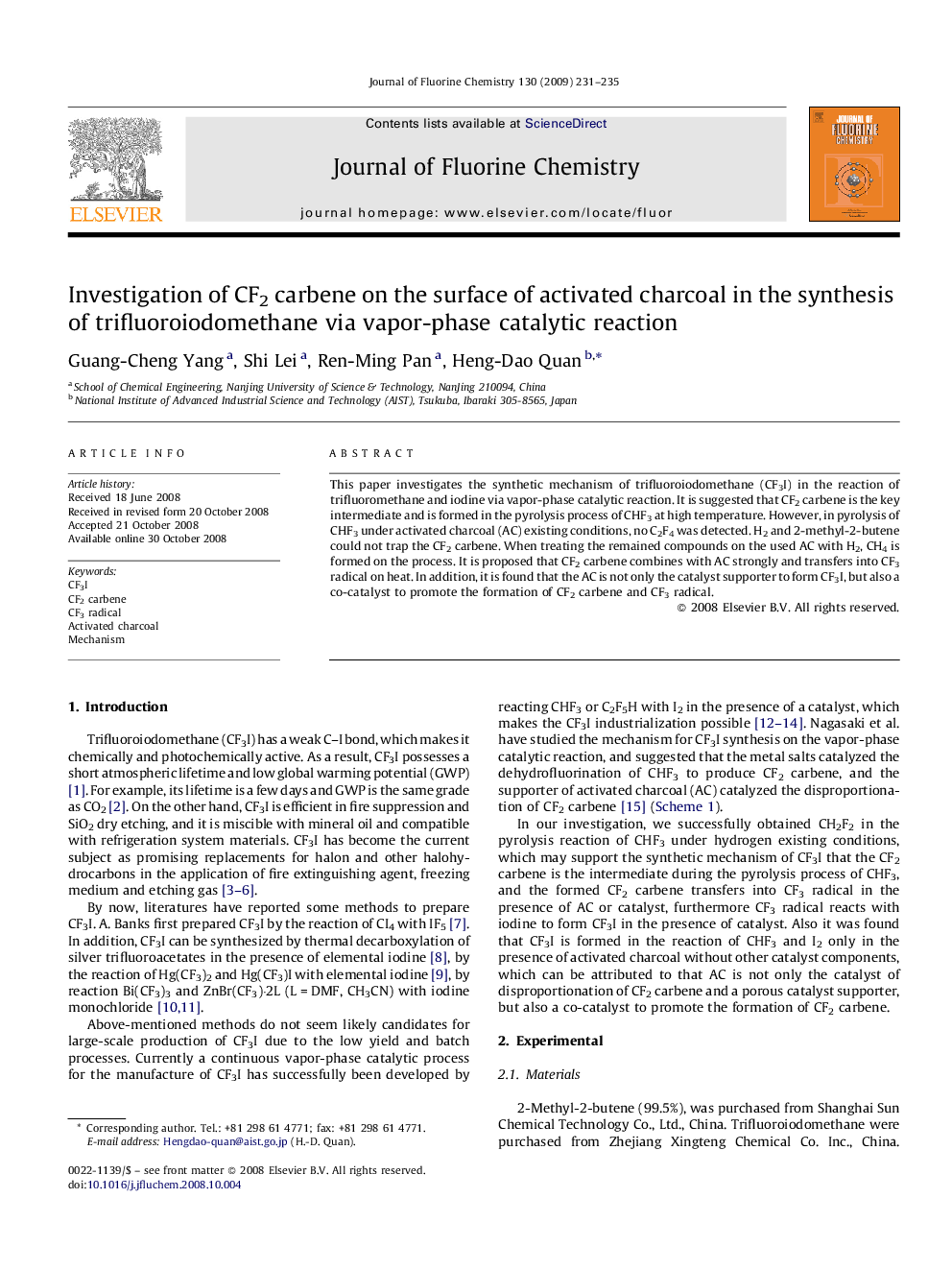 Investigation of CF2 carbene on the surface of activated charcoal in the synthesis of trifluoroiodomethane via vapor-phase catalytic reaction