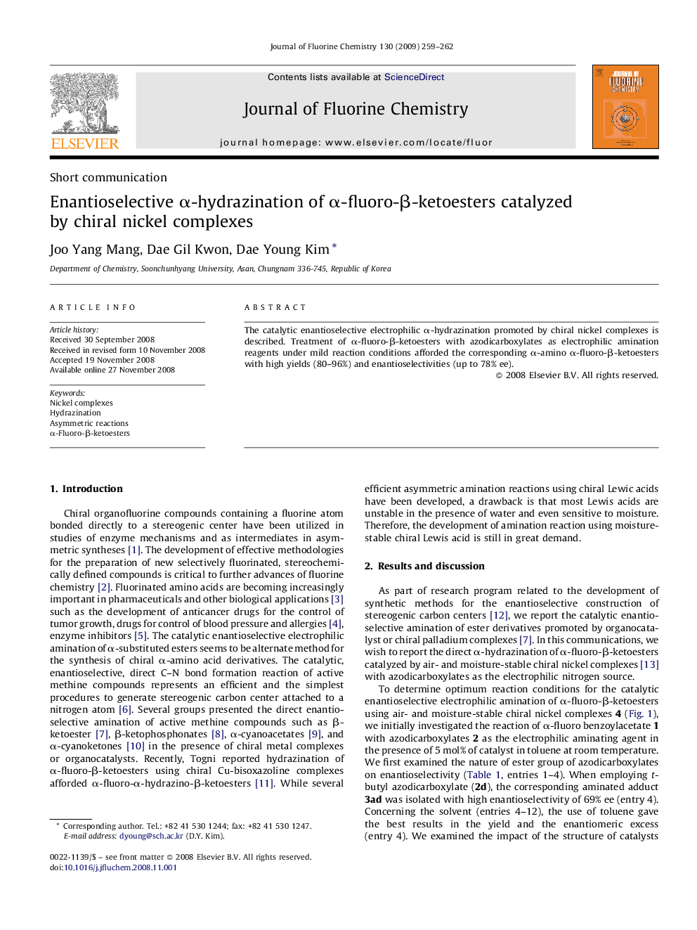 Enantioselective α-hydrazination of α-fluoro-β-ketoesters catalyzed by chiral nickel complexes