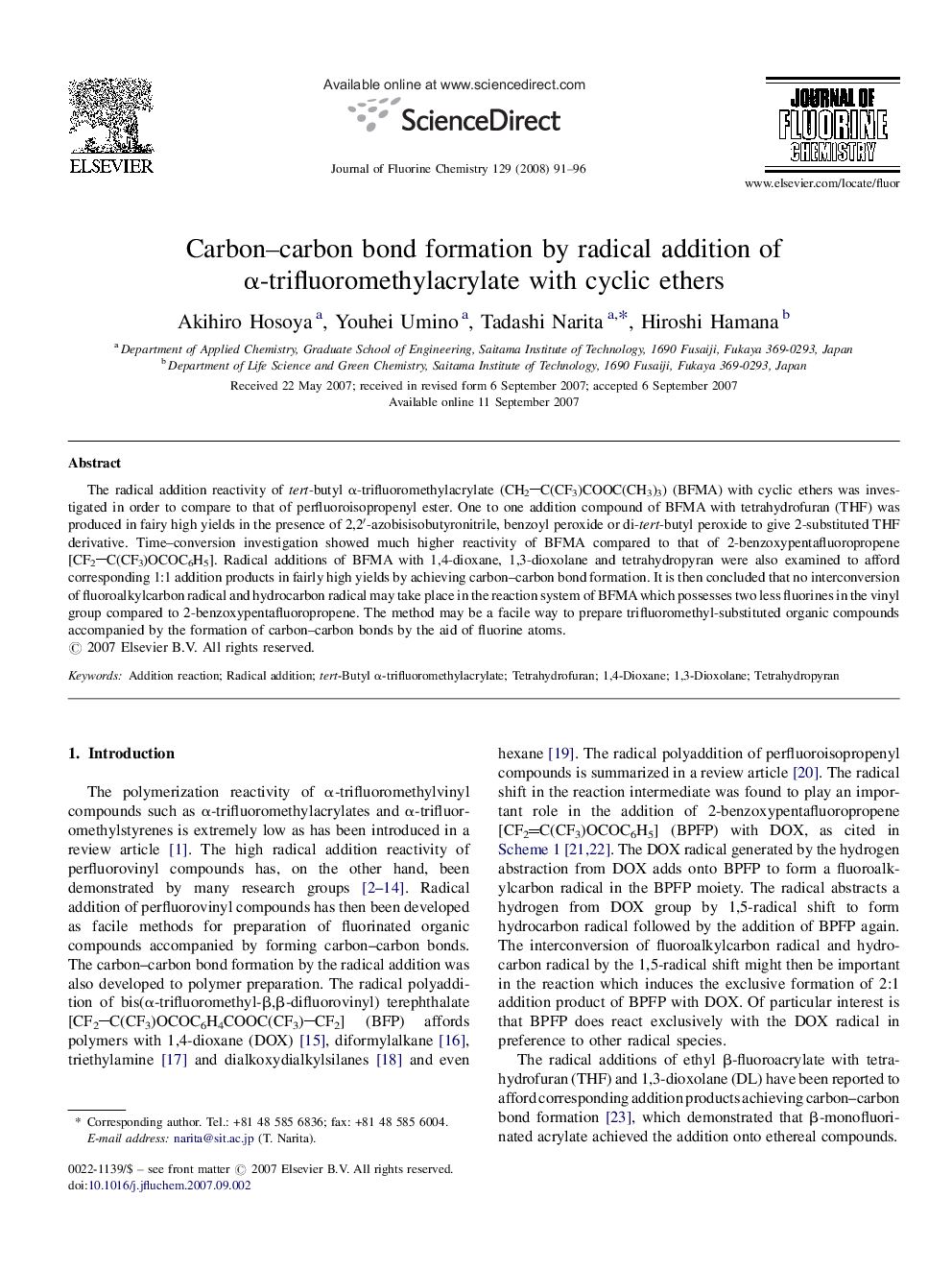 Carbon–carbon bond formation by radical addition of α-trifluoromethylacrylate with cyclic ethers