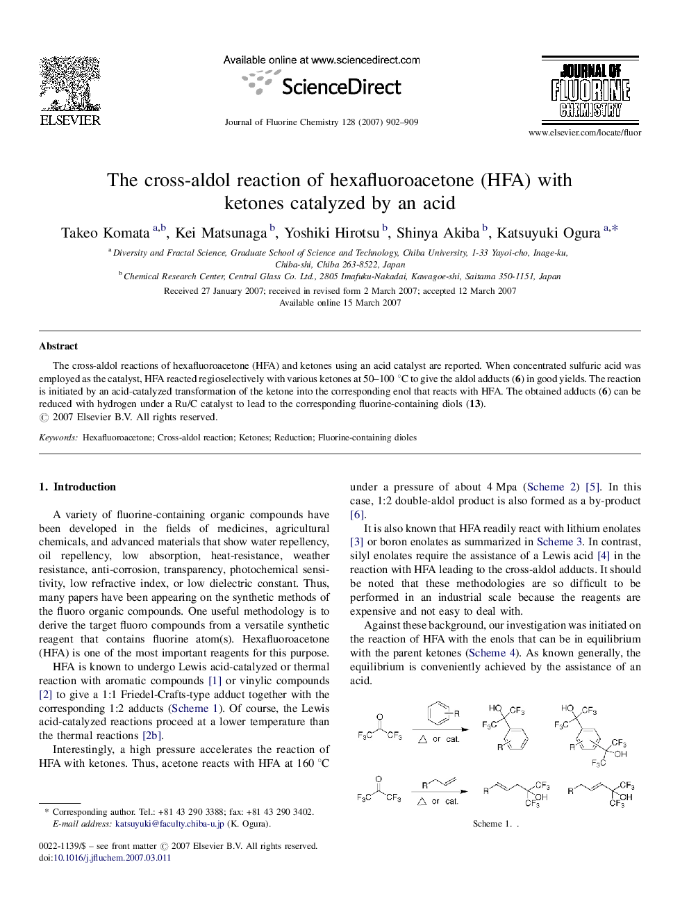 The cross-aldol reaction of hexafluoroacetone (HFA) with ketones catalyzed by an acid