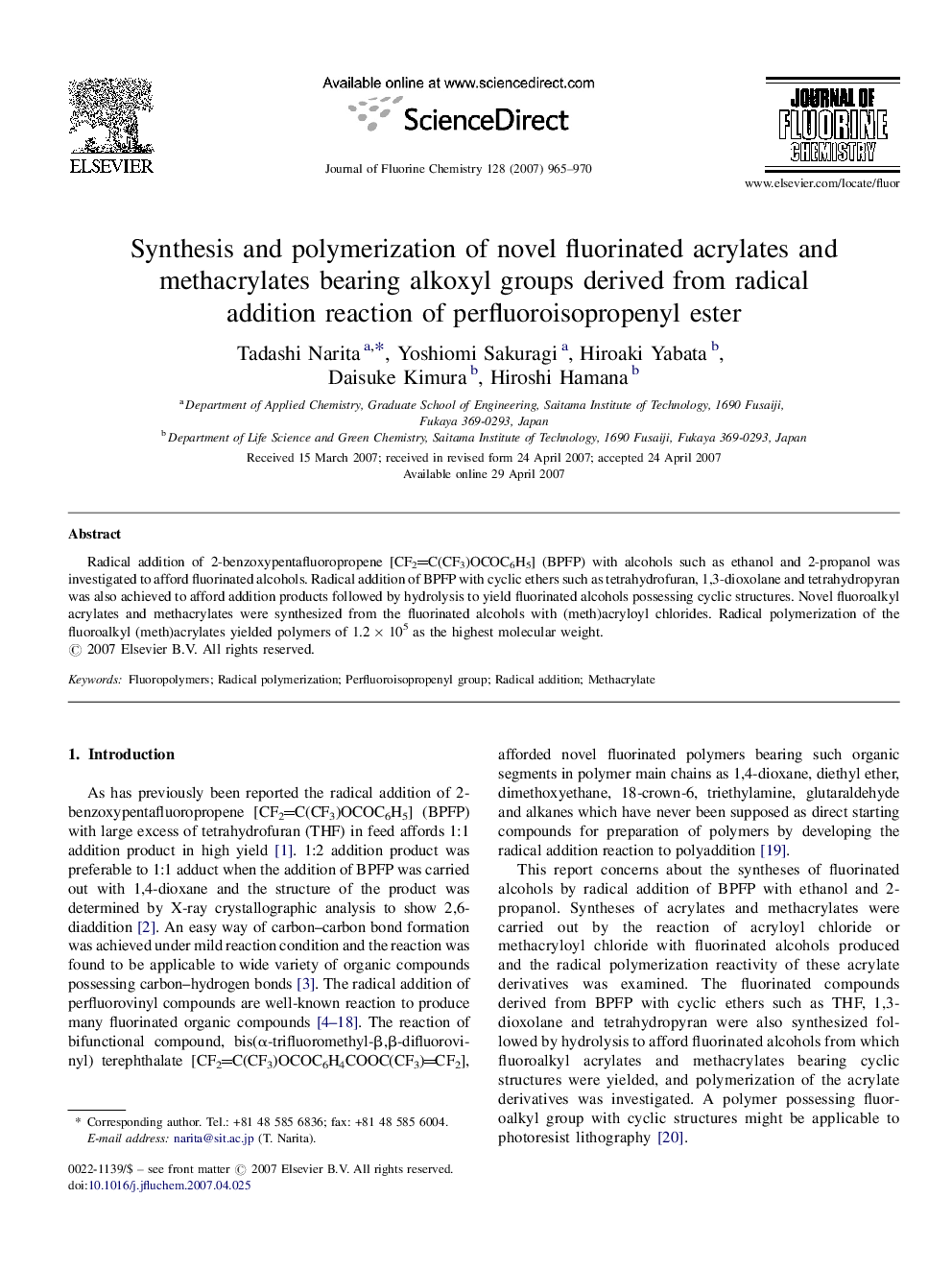 Synthesis and polymerization of novel fluorinated acrylates and methacrylates bearing alkoxyl groups derived from radical addition reaction of perfluoroisopropenyl ester