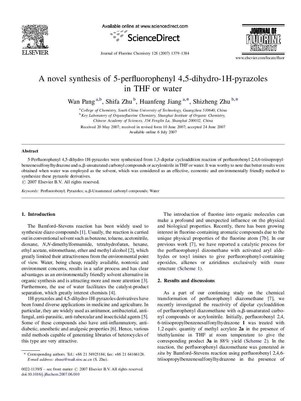 A novel synthesis of 5-perfluorophenyl 4,5-dihydro-1H-pyrazoles in THF or water