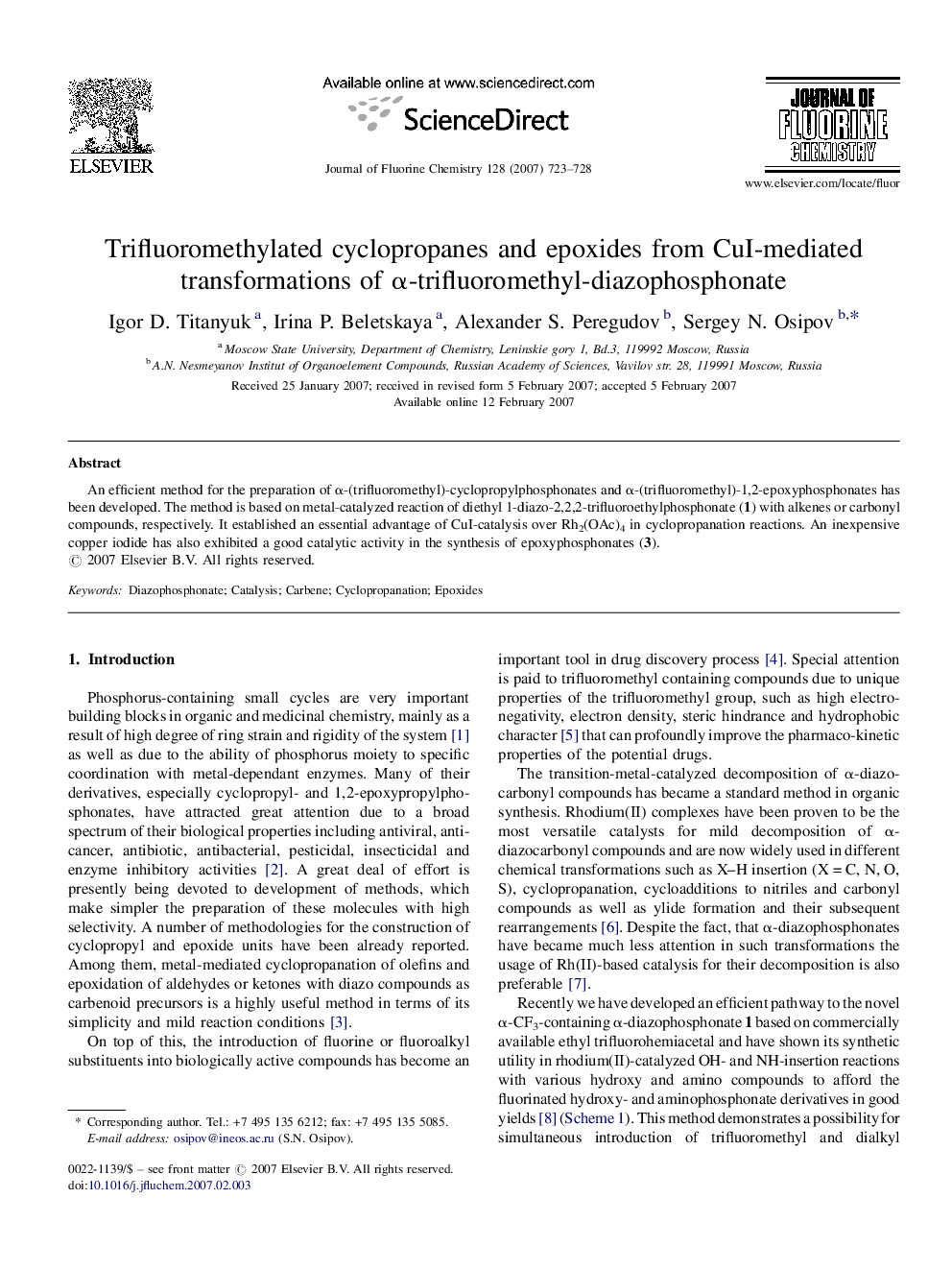 Trifluoromethylated cyclopropanes and epoxides from CuI-mediated transformations of α-trifluoromethyl-diazophosphonate