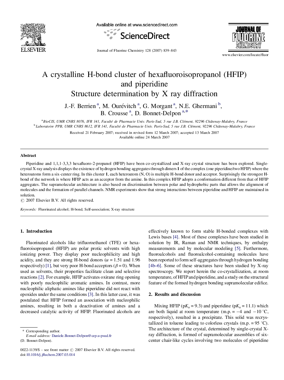 A crystalline H-bond cluster of hexafluoroisopropanol (HFIP) and piperidine: Structure determination by X ray diffraction