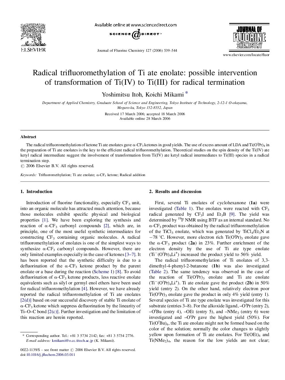 Radical trifluoromethylation of Ti ate enolate: possible intervention of transformation of Ti(IV) to Ti(III) for radical termination