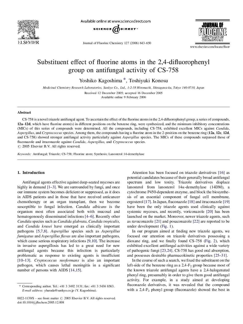 Substituent effect of fluorine atoms in the 2,4-difluorophenyl group on antifungal activity of CS-758