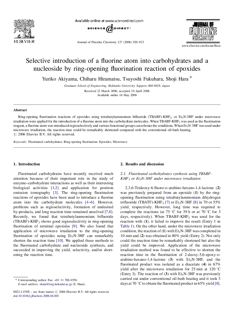 Selective introduction of a fluorine atom into carbohydrates and a nucleoside by ring-opening fluorination reaction of epoxides