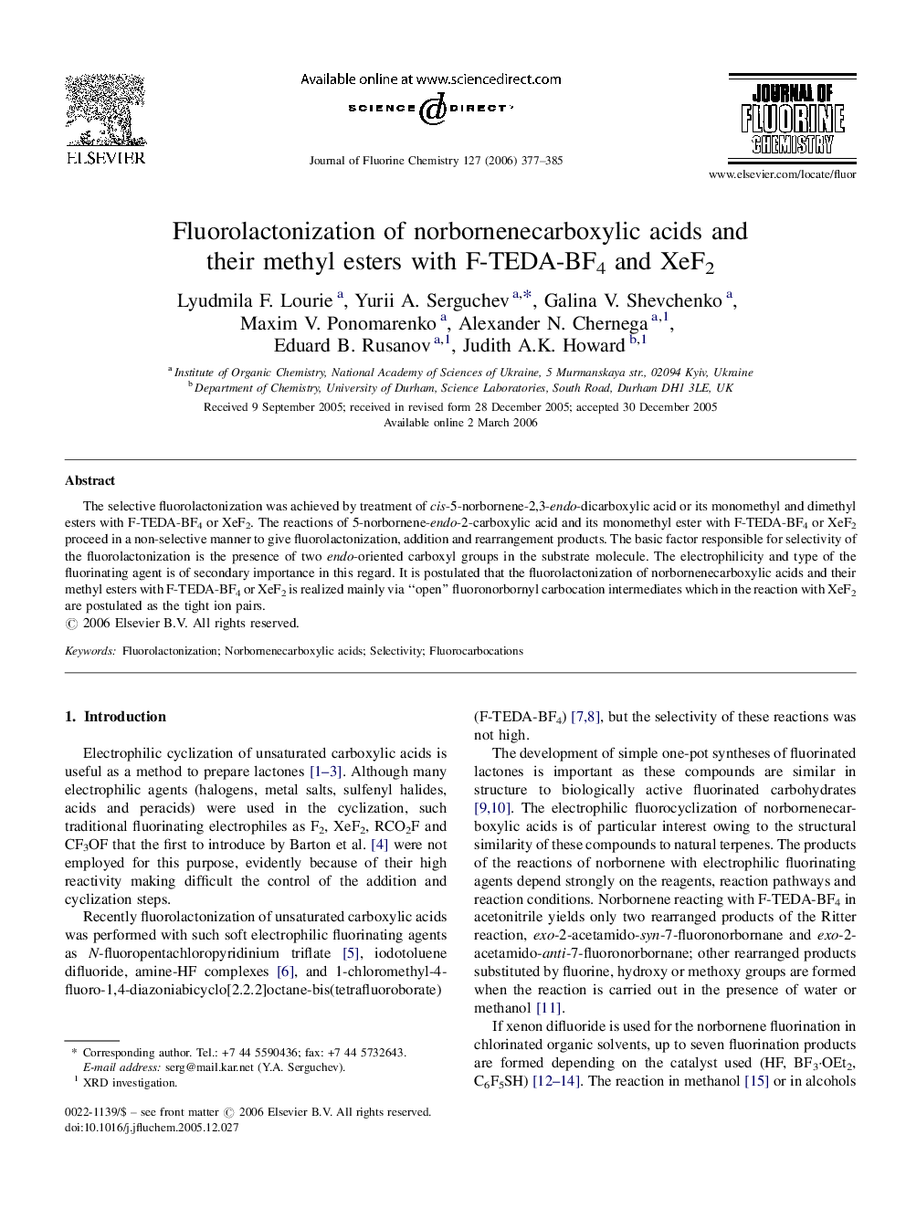 Fluorolactonization of norbornenecarboxylic acids and their methyl esters with F-TEDA-BF4 and XeF2