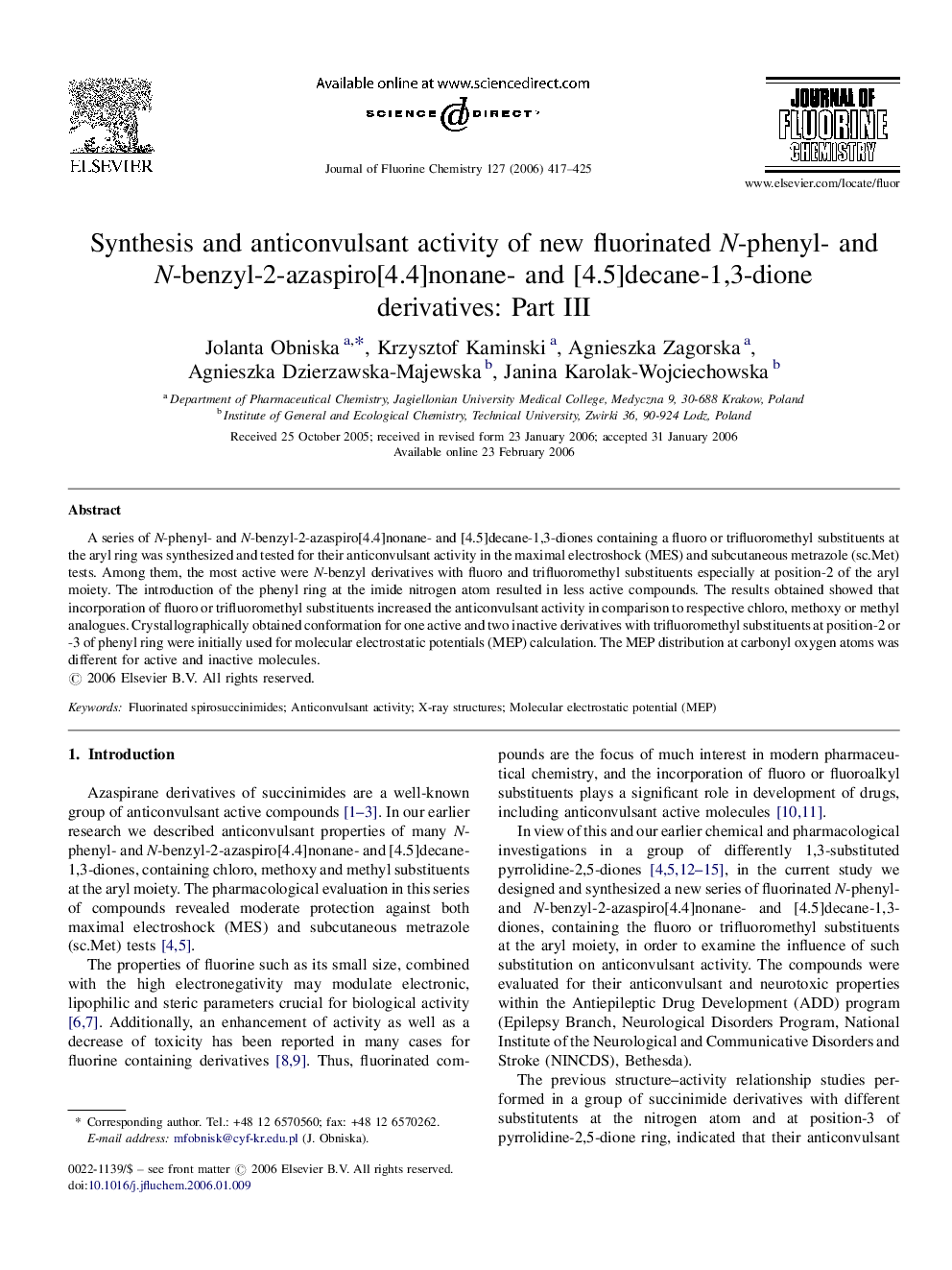 Synthesis and anticonvulsant activity of new fluorinated N-phenyl- and N-benzyl-2-azaspiro[4.4]nonane- and [4.5]decane-1,3-dione derivatives: Part III