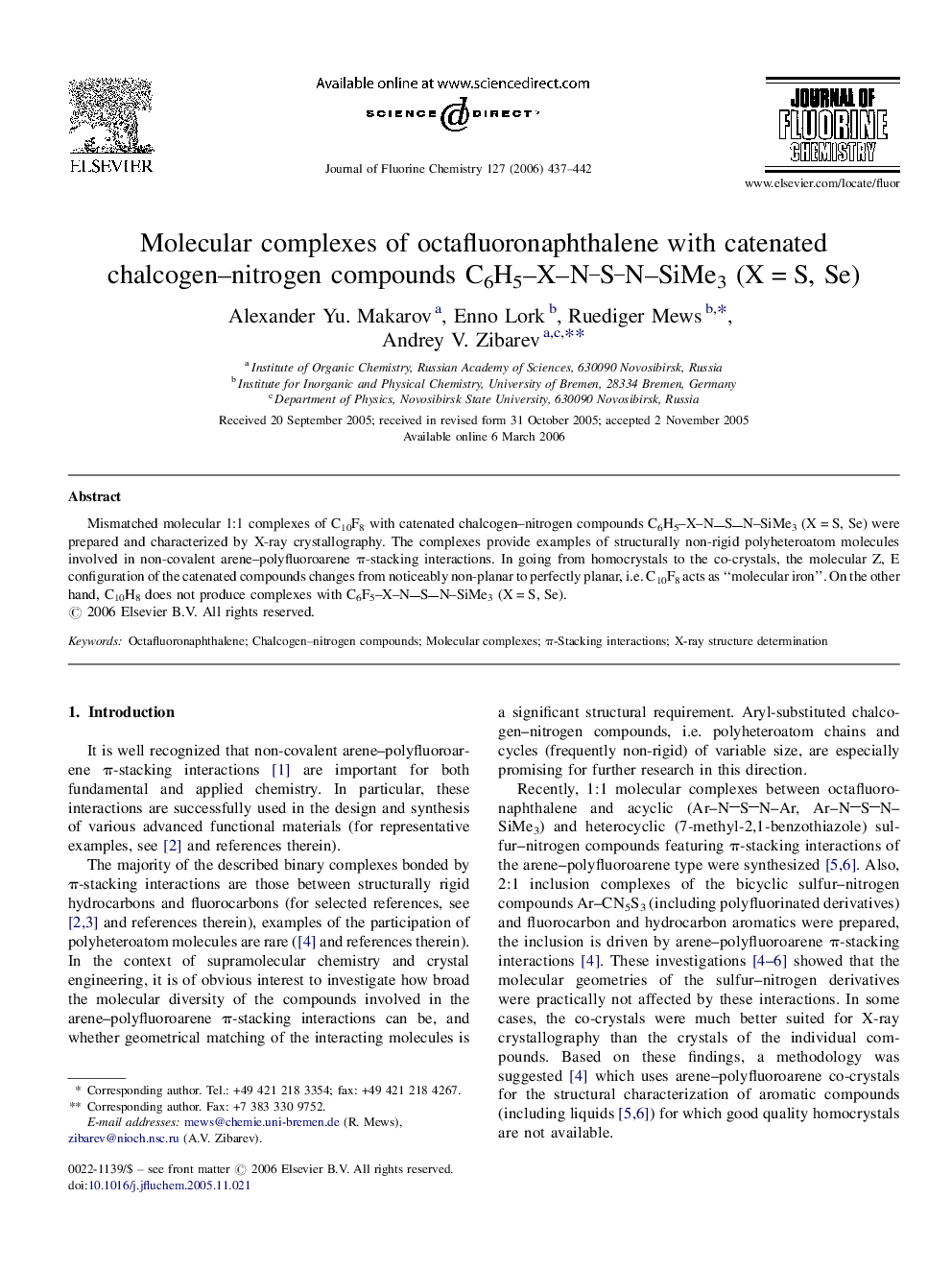 Molecular complexes of octafluoronaphthalene with catenated chalcogen–nitrogen compounds C6H5–X–NSN–SiMe3 (X = S, Se)