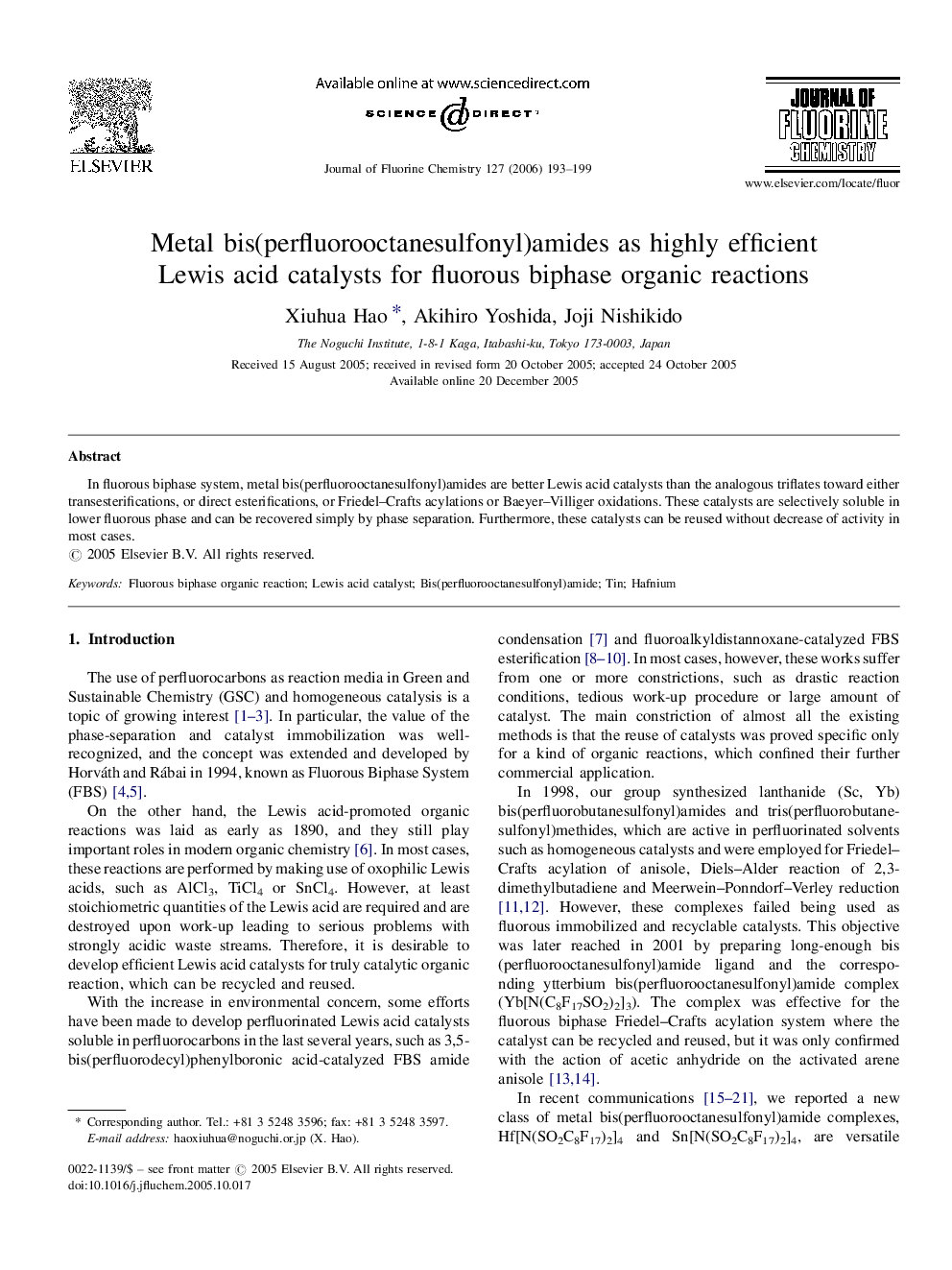 Metal bis(perfluorooctanesulfonyl)amides as highly efficient Lewis acid catalysts for fluorous biphase organic reactions