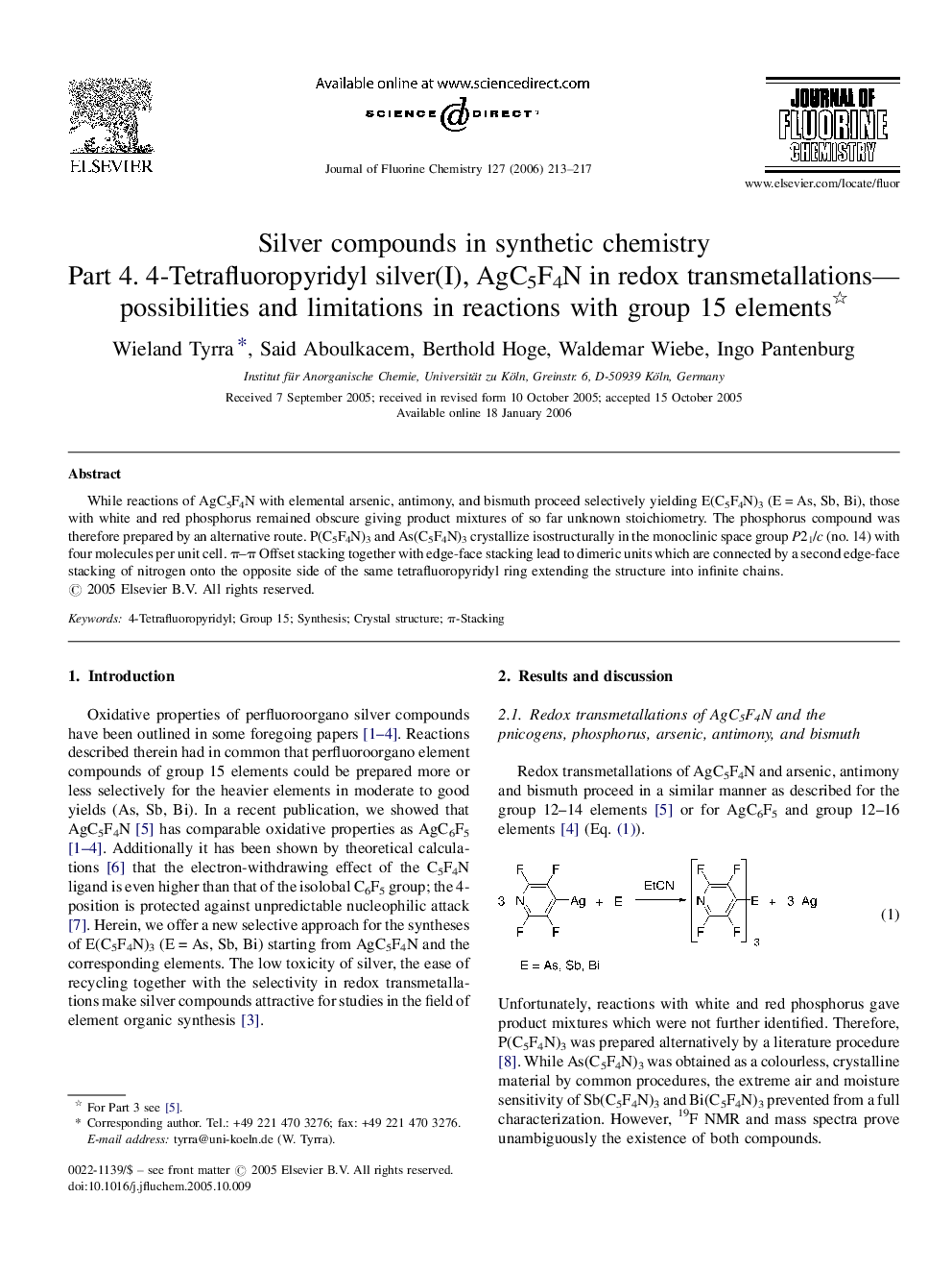 Silver compounds in synthetic chemistry : Part 4. 4-Tetrafluoropyridyl silver(I), AgC5F4N in redox transmetallations—possibilities and limitations in reactions with group 15 elements