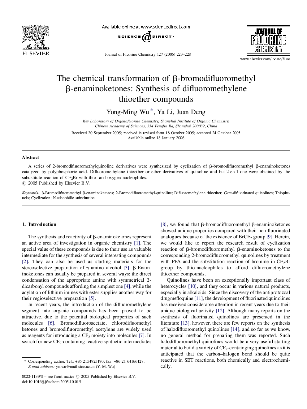The chemical transformation of β-bromodifluoromethyl β-enaminoketones: Synthesis of difluoromethylene thioether compounds