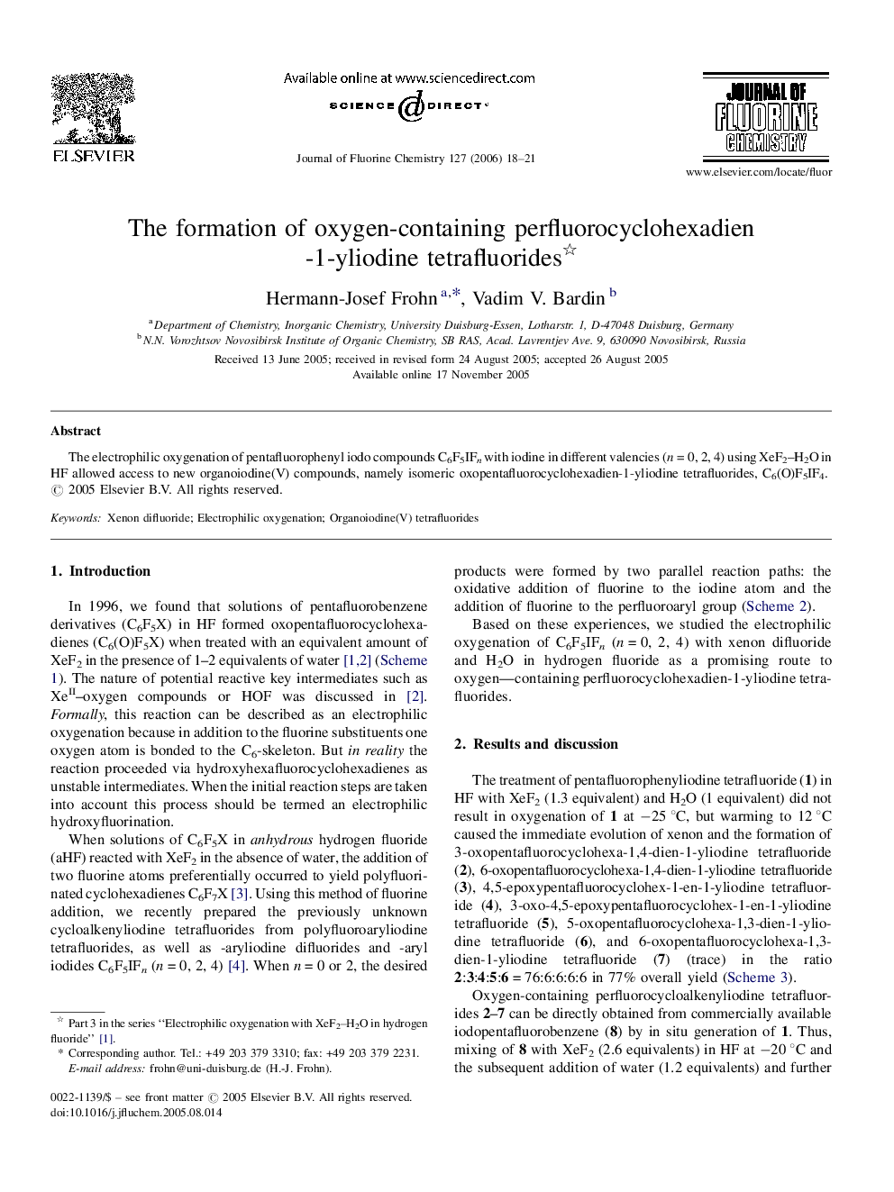 The formation of oxygen-containing perfluorocyclohexadien-1-yliodine tetrafluorides