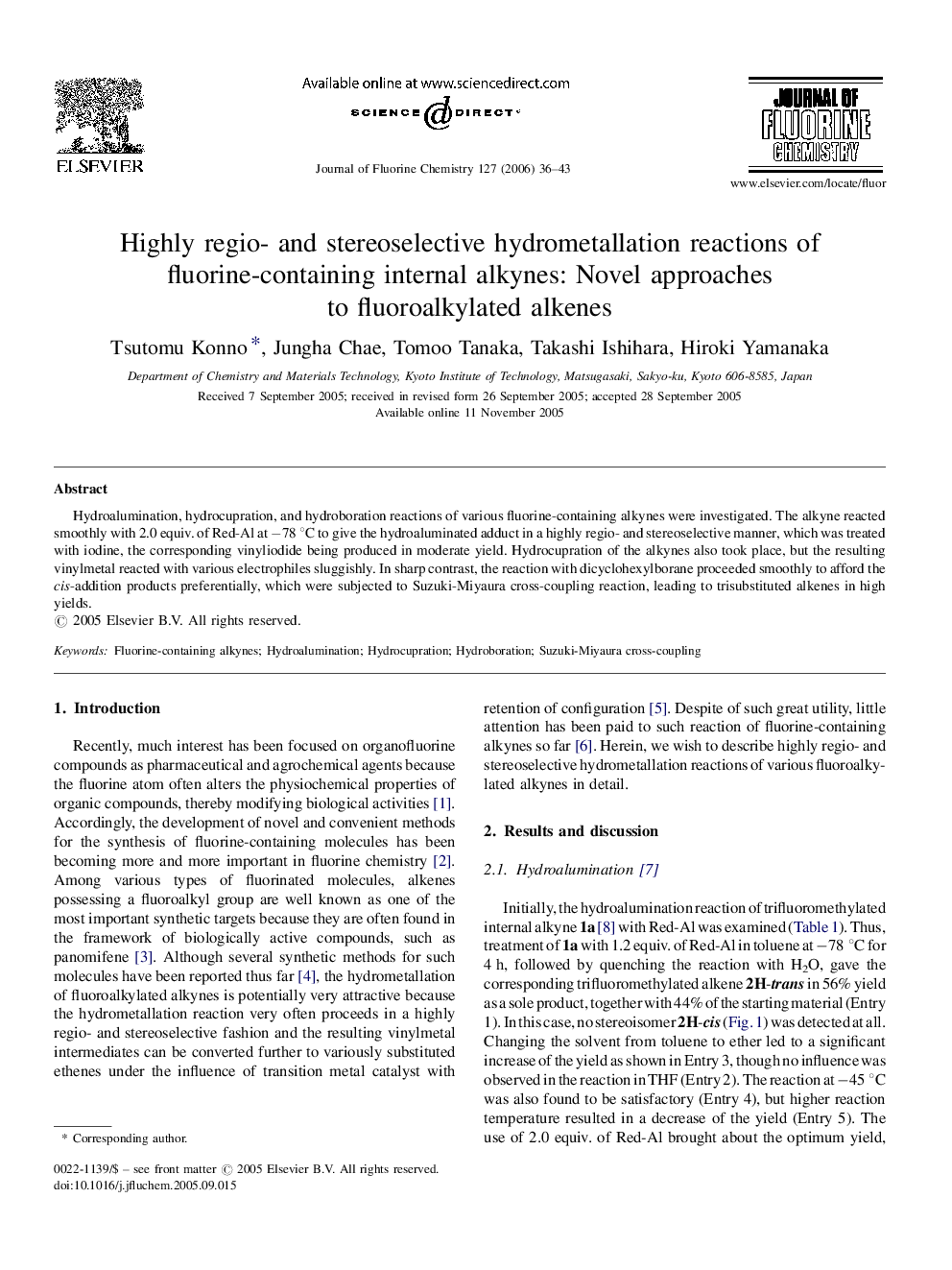 Highly regio- and stereoselective hydrometallation reactions of fluorine-containing internal alkynes: Novel approaches to fluoroalkylated alkenes