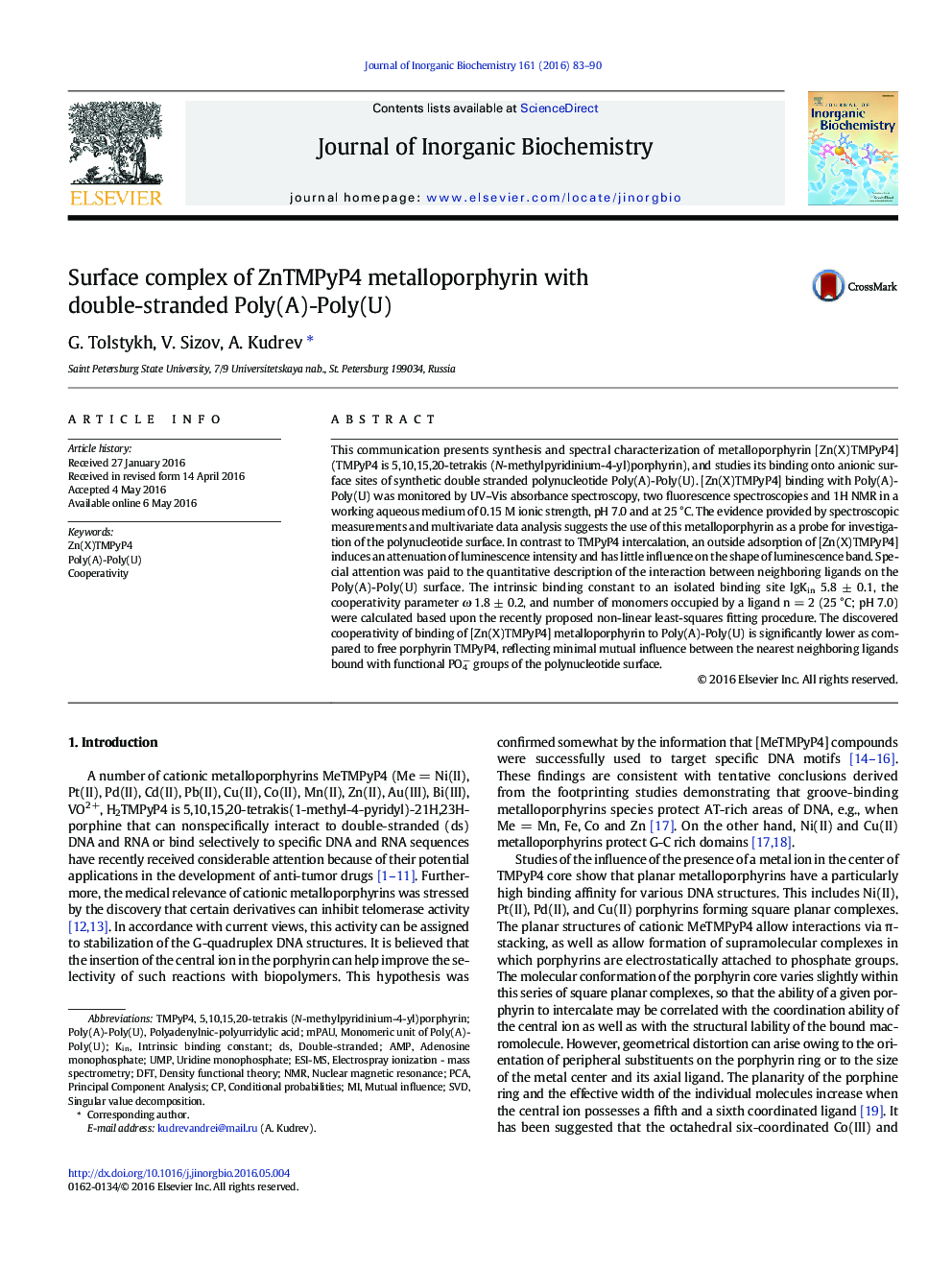 Surface complex of ZnTMPyP4 metalloporphyrin with double-stranded Poly(A)-Poly(U)